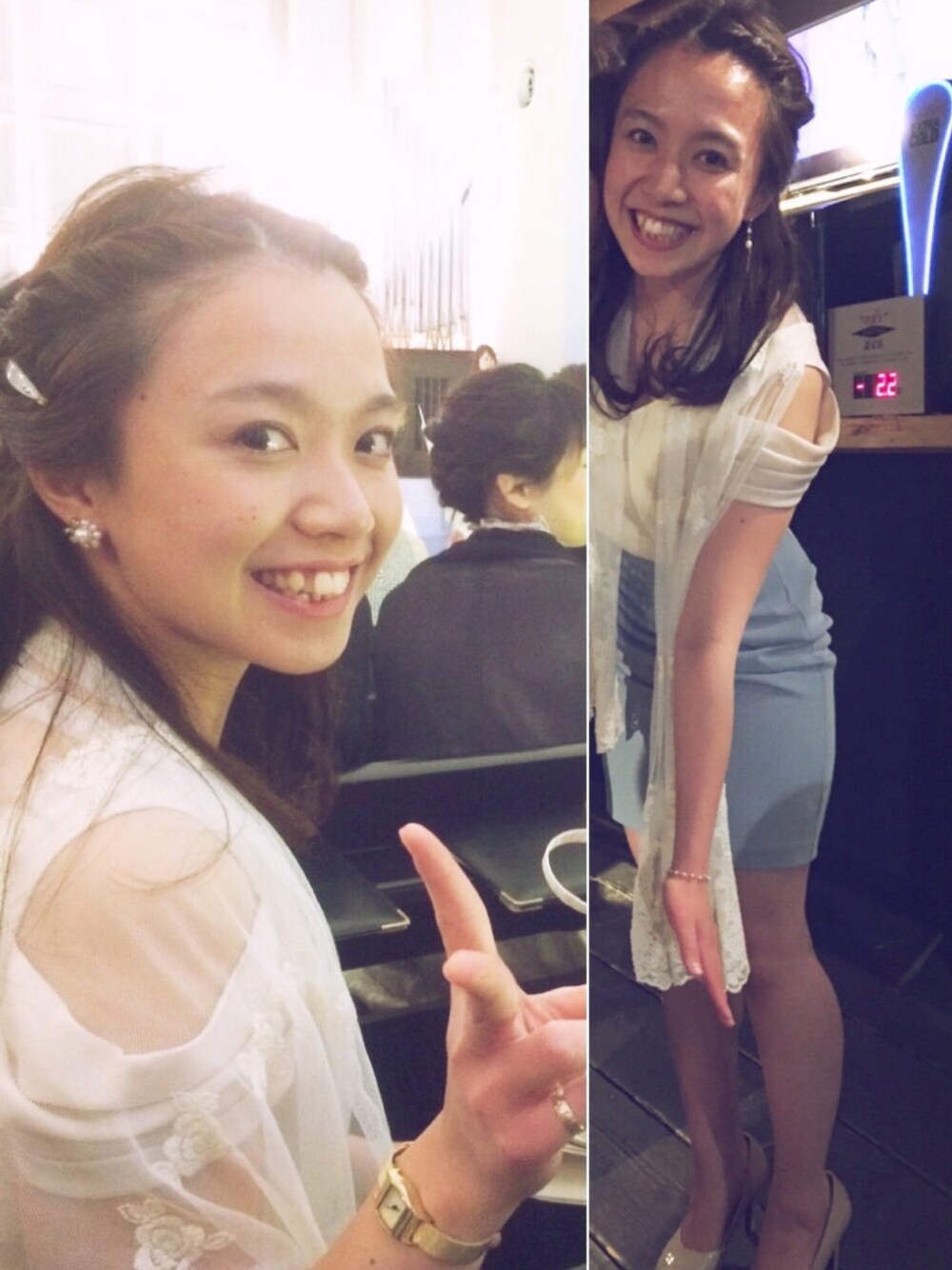「結婚式、結婚式二次会スタイル、結婚式 ワンピース、お嬢様風、ハーフアップ、ヘアアレンジ、セルフアレンジ、バイカラー、マーメイド、水色」｜「MIIAの肩あきバイカラーワンピース（ワンピース、ブルー系）」を使った、Merbさん（レディース・158cm）の春コーディネートの1枚目の写真
