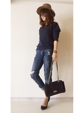 「GLOBAL WORK（グローバルワーク）のフェルトナカオレＨＡＴ/565115（ハット）」を使った、mayさん（レディース・158cm）の秋コーディネート