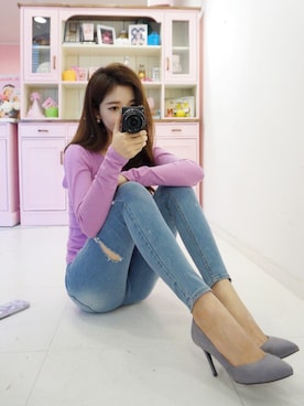 「chuu（チュー）のアイテム（デニムパンツ）」を使った、chuuさん（レディース・164cm）の春コーディネート