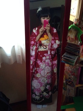 「アイテム（水着/着物・浴衣、レッド系）」を使った、shhorさん（レディース・153cm）の秋コーディネート