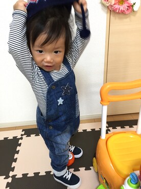 「MIKI HOUSE（ミキハウス）のアイテム（ニットキャップ/ビーニー）」を使った、choco◡̈⋆*さん（キッズ・80cm）の秋コーディネート