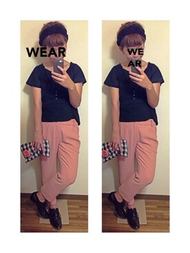 「LOWRYS FARM（ローリーズファーム）のTシャツ（Tシャツ/カットソー、ブラック系）」を使った、mameさん（レディース）の夏コーディネート