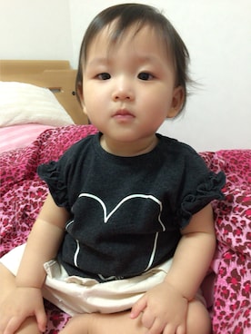「petit main（プティマイン）のハートプリント半袖Tシャツ（Tシャツ/カットソー、グレー系）」を使った、Hina☆さん（キッズ・90cm）の夏コーディネート