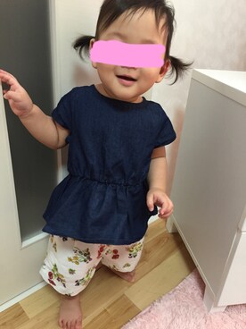 「petit main（プティマイン）のアイテム（トップス、ブルー系）」を使った、Hina☆さん（キッズ・90cm）の夏コーディネート