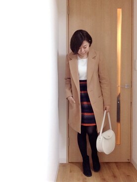 「ボーダースカート」｜「アイテム（チェスターコート）」を使った、Yu_kiさん（レディース・154cm）の冬コーディネート