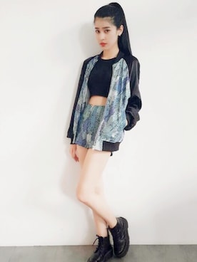 「アイテム（ライダースジャケット）」を使った、7crashさん（レディース・165cm）の夏コーディネート