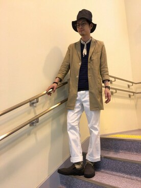「バスクシャツ」｜「アイテム（チェスターコート）」を使った、Gi-daさん（メンズ・178cm）の春コーディネート