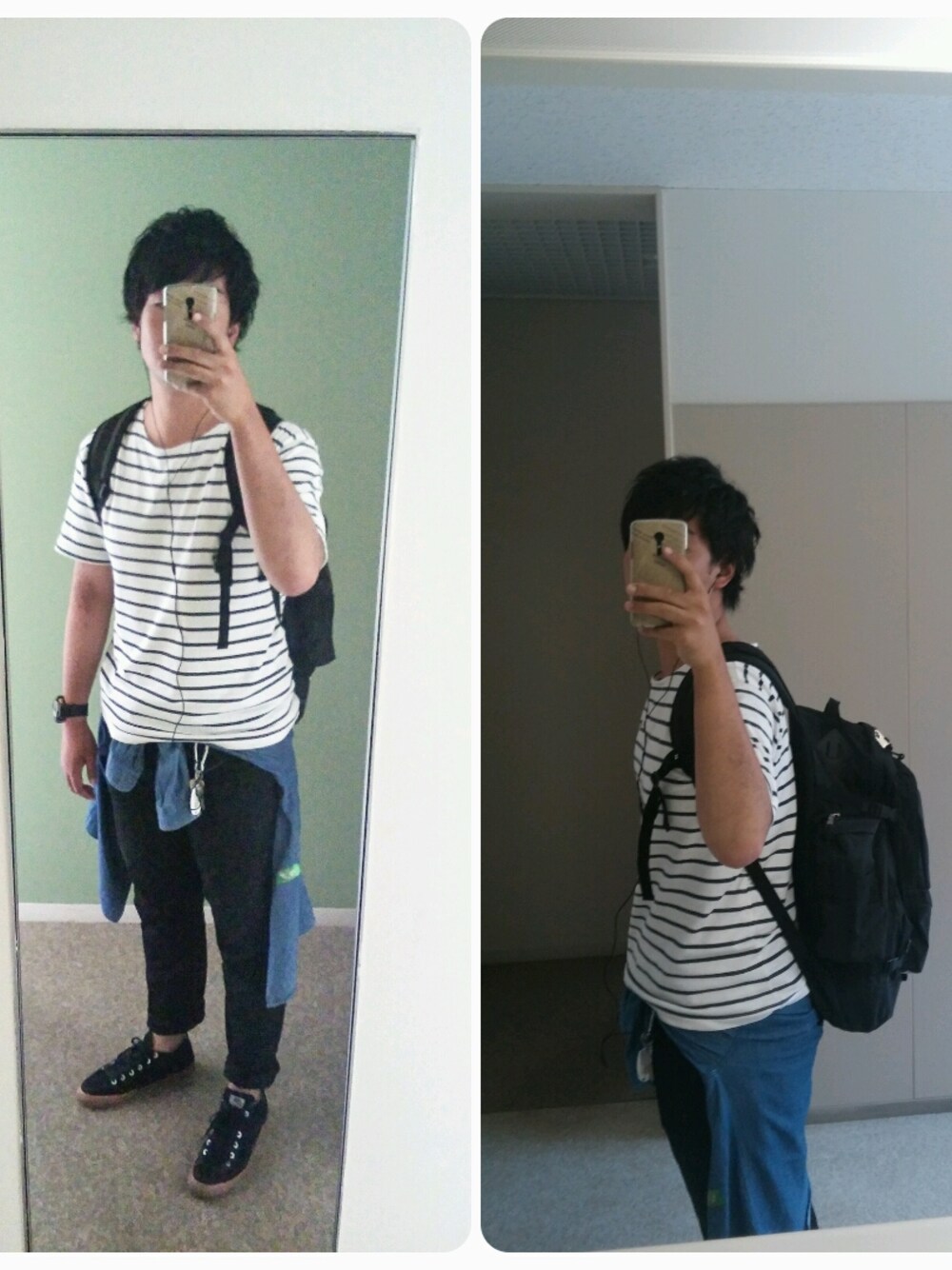 ブルー系のシャツ/ブラウス、ブルー系のデニムパンツ、ブラック系のアナログ腕時計を着用したメンズの春コーディネートの1枚目の写真