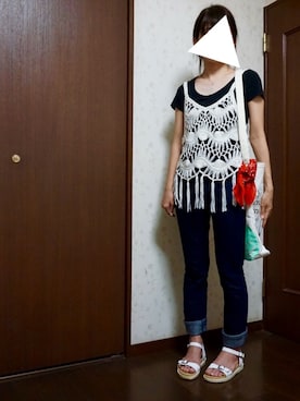 「UNIQLO（ユニクロ）のWOMEN スリムフィットジーンズ（デニムパンツ、ブルー系）」を使った、ソラすけさん（レディース・157cm）の夏コーディネート