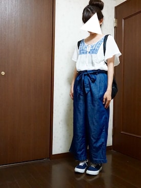「w closet（ダブルクローゼット）のリボン付きデニムパンツ（パンツ、レッド系）」を使った、ソラすけさん（レディース・157cm）の夏コーディネート