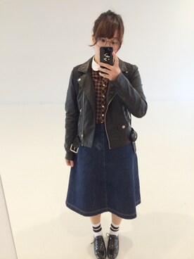 「ボーダーソックス」｜「アイテム（ライダースジャケット）」を使った、きおたにさん（レディース・149cm）の春コーディネート