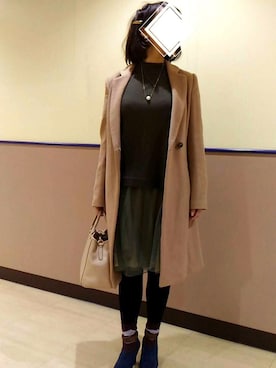 「モスグリーン」｜「アイテム（チェスターコート）」を使った、うーしーさん（レディース・156cm）の冬コーディネート