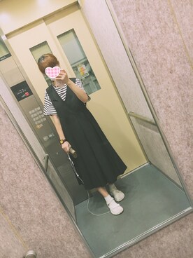 「KBF（ケイビーエフ）のKBF BIGプリーツジャンパースカート（ジャンパースカート、ブラック系）」を使った、shikiwwwさん（レディース）の秋コーディネート