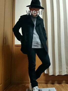 「ツバ広ハット」｜「アイテム（ピーコート）」を使った、男子高校生さん（メンズ・170cm）の冬コーディネート