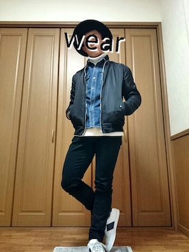 「GU（ジーユー）の（GU）スキニーフィットジーンズ（MEN ⁄ ジーンズ）」を使った、男子高校生さん（メンズ・170cm）の冬コーディネート