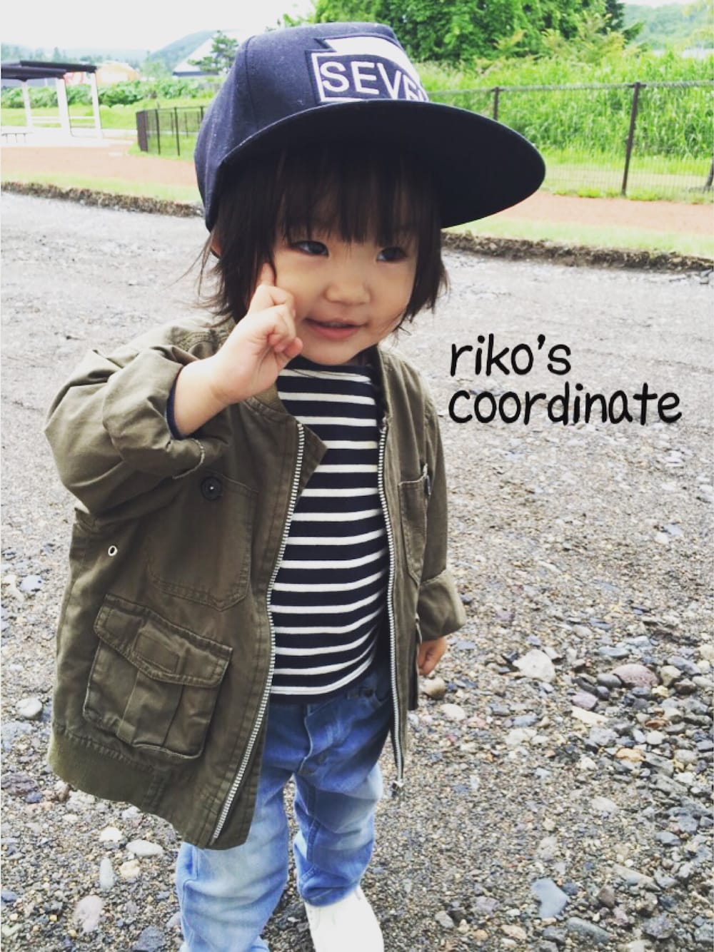 「SLYkids、ミニタリー、エイチアンドエム、ボーダー、1歳、お散歩♪」｜「SLY kidsのアイテム（ミリタリージャケット、その他）」を使った、riko♡さん（キッズ・80cm）の夏コーディネートの1枚目の写真