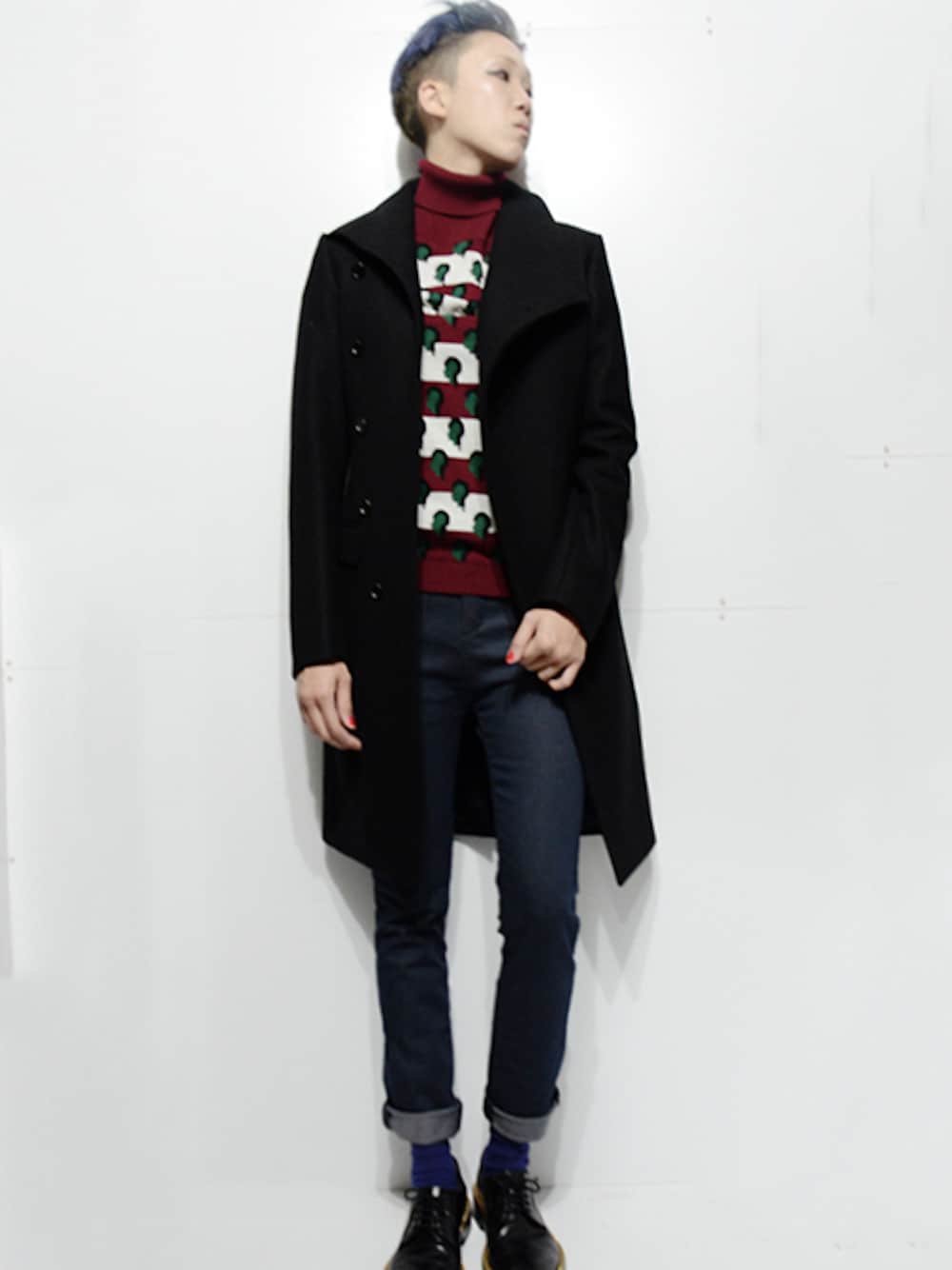「コート、ニット、セーター、タートルネック、柄ニット、レザーシューズ、RAF SIMONS、スキニーデニム、Dior HOMME、SUPERFINE」｜「Dior hommeのDIOR HOMME[RAP COAT]（その他アウター、ブラック系）」を使った、DOLLARさん（メンズ・178cm）の春コーディネートの1枚目の写真