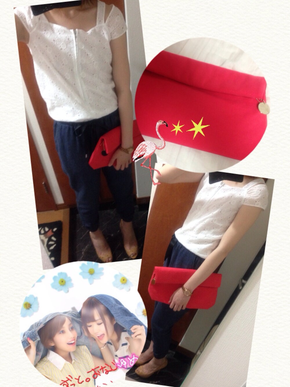 レッド系のクラッチバッグを着用したレディースの夏コーディネートの1枚目の写真