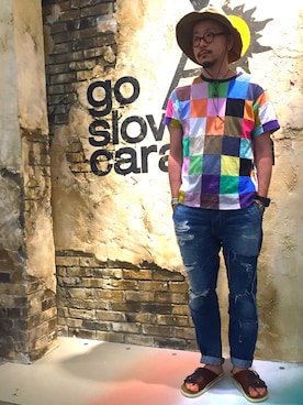 「アイテム（サンダル）」を使った、goslowcaravan  そうちゃんさん（メンズ・179cm）の夏コーディネート