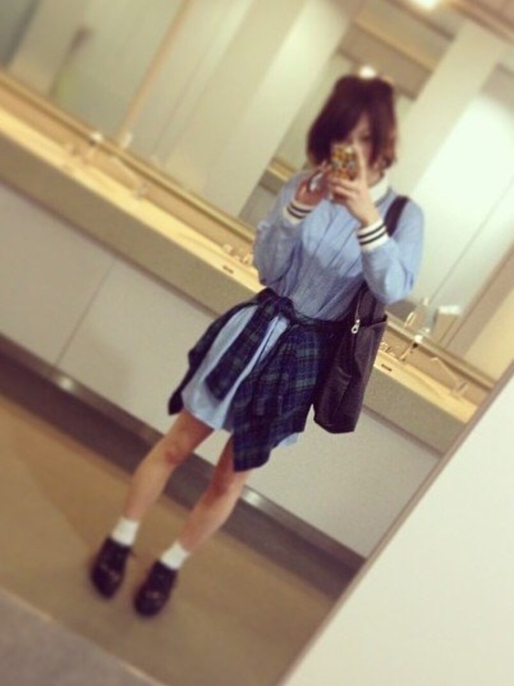 「＃ワンピース、#チェックシャツ、#シャツワンピ、#春、#厚底、#ジーナシス」｜「JEANASISの(JEANASIS)ラインリブシャツワンピース/537454（ワンピース、ブルー系）」を使った、Kinuhａさん（レディース・157cm）の夏コーディネートの1枚目の写真