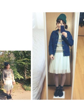 「ロゴニット」｜「アイテム（デニムジャケット）」を使った、Kana Ogawaさん（レディース・158cm）の秋コーディネート