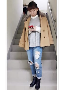 「NICE CLAUP（ナイスクラップ）のアイテム（ピーコート）」を使った、陳巧巧さん（レディース・160cm）の冬コーディネート