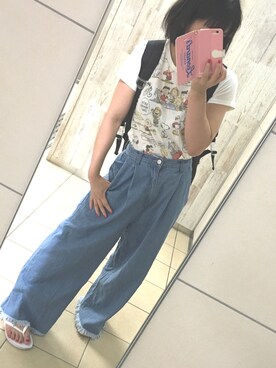 「総柄トップス」｜「アイテム（ビーチサンダル）」を使った、ちょす子さん（レディース・152cm）の夏コーディネート