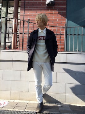 「白シャツ×ニット」｜「アイテム（ピーコート）」を使った、akiraさん（メンズ・178cm）の秋コーディネート