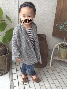 「Handmade（ハンドメイド）のアイテム（ノーカラージャケット）」を使った、HIRA✴︎さん（キッズ・90cm）の秋コーディネート