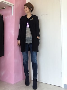 「アイテム（ノーカラージャケット）」を使った、アキコさん（レディース・163cm・40代）の秋コーディネート