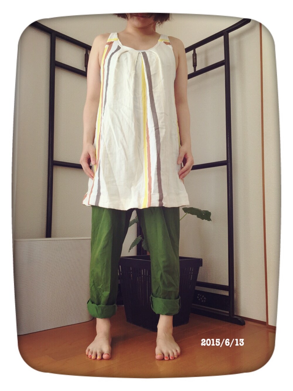 「studio CLIPのアイテム（チュニック、ホワイト系）」を使った、あもんさん（レディース・153cm）の夏コーディネートの1枚目の写真