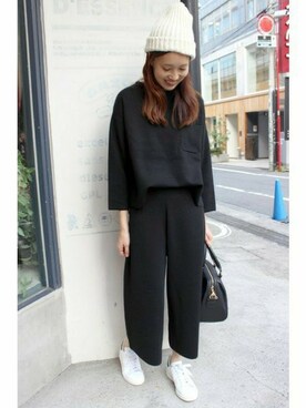 「ニットキャップ」｜「アイテム（つなぎ/オールインワン）」を使った、Sallyさん（レディース・162cm）の秋コーディネート