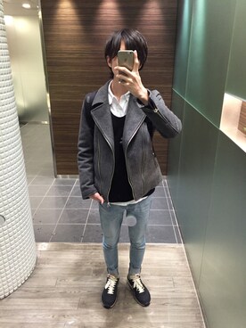 「TAKEO KIKUCHI（タケオキクチ）のアイテム（ダウンジャケット/コート）」を使った、真路さん（メンズ・176cm）の冬コーディネート