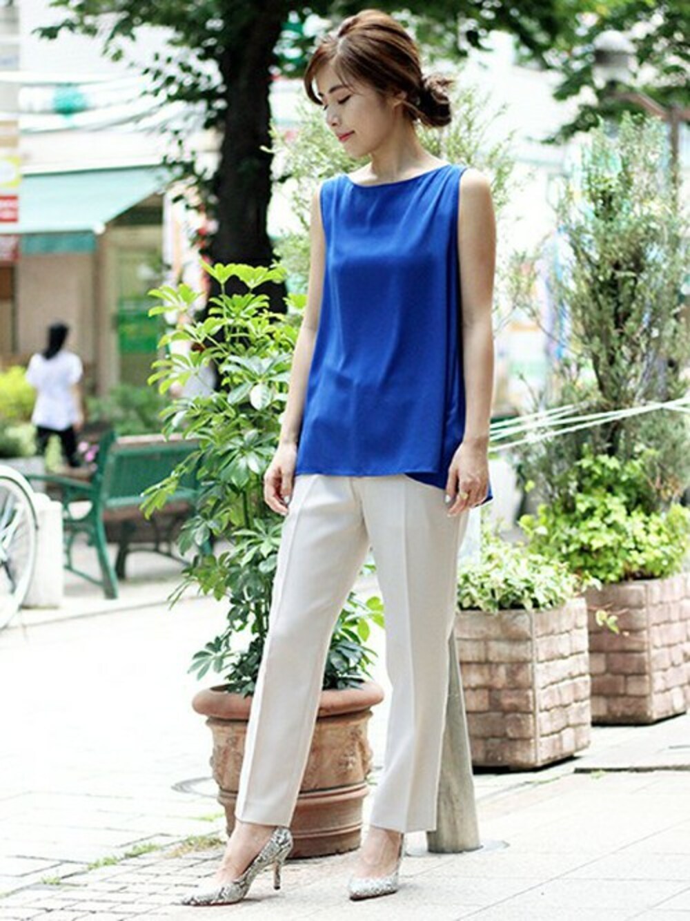 「Spick & Spanの≪追加1≫フラッフィーアムンゼンウララップブラウス◆（シャツ/ブラウス、ブルー系）」を使った、Mizuki＊さん（レディース・160cm）の夏コーディネートの1枚目の写真