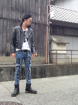 「丸サングラス」｜「アイテム（ライダースジャケット）」を使った、bayashiさん（メンズ・171cm）の春コーディネート