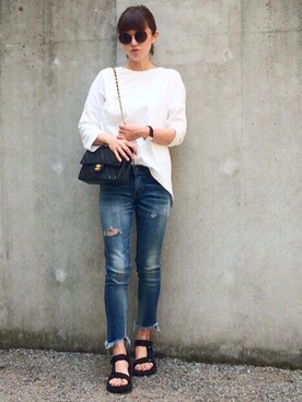 「Ungrid（アングリッド）のフレイドヘムストスリ（デニムパンツ）」を使った、あさひさん（レディース・161cm）の春コーディネート