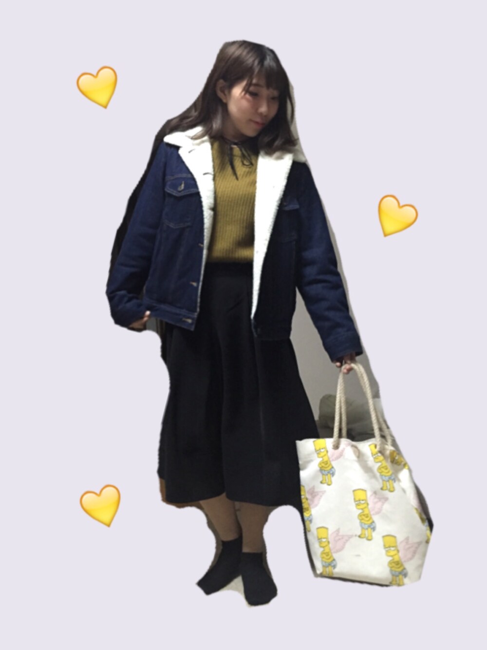 「大人カジュアル、冬コーデ、全身GU、デニムジャケット、カラーニット、ガウチョパンツ、シンプソンズ、トートバッグ、リボンチョーカー」｜「GUのアイテム（デニムジャケット、ブルー系）」を使った、♡山崎あかね(あかねん)♡さん（レディース・152cm）の秋コーディネートの1枚目の写真