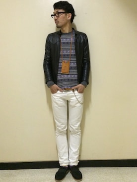 「ジャガード」｜「アイテム（ライダースジャケット）」を使った、👣HIRO👣さん（メンズ・185cm）の春コーディネート