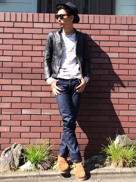 「総柄トップス」｜「アイテム（ライダースジャケット）」を使った、👣HIRO👣さん（メンズ・185cm）の秋コーディネート