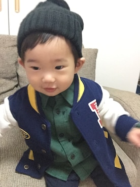「ネルシャツ」｜「アイテム（スタジャン）」を使った、NOSUKE◝( ˙ ꒳ ˙ )◜さん（キッズ・80cm）の冬コーディネート