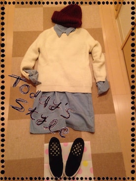 「デニムシャツワンピース」｜「アイテム（ニット/セーター）」を使った、romiさん（レディース・157cm）の春コーディネート