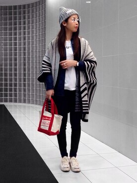 「パールアクセ」｜「アイテム（ニットキャップ/ビーニー）」を使った、umihaaoiさん（レディース・161cm）の春コーディネート