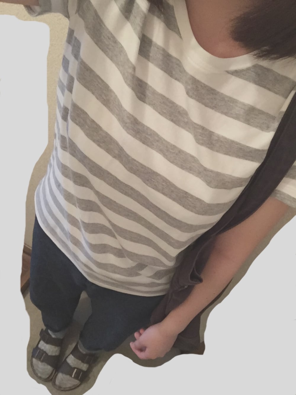 「ぽっちゃり、ラクチンコーデ、ボーダートップス、コンフォートサンダル」｜「無印良品のアイテム（Tシャツ/カットソー、ホワイト系）」を使った、maruoさん（レディース・160cm）の夏コーディネートの1枚目の写真