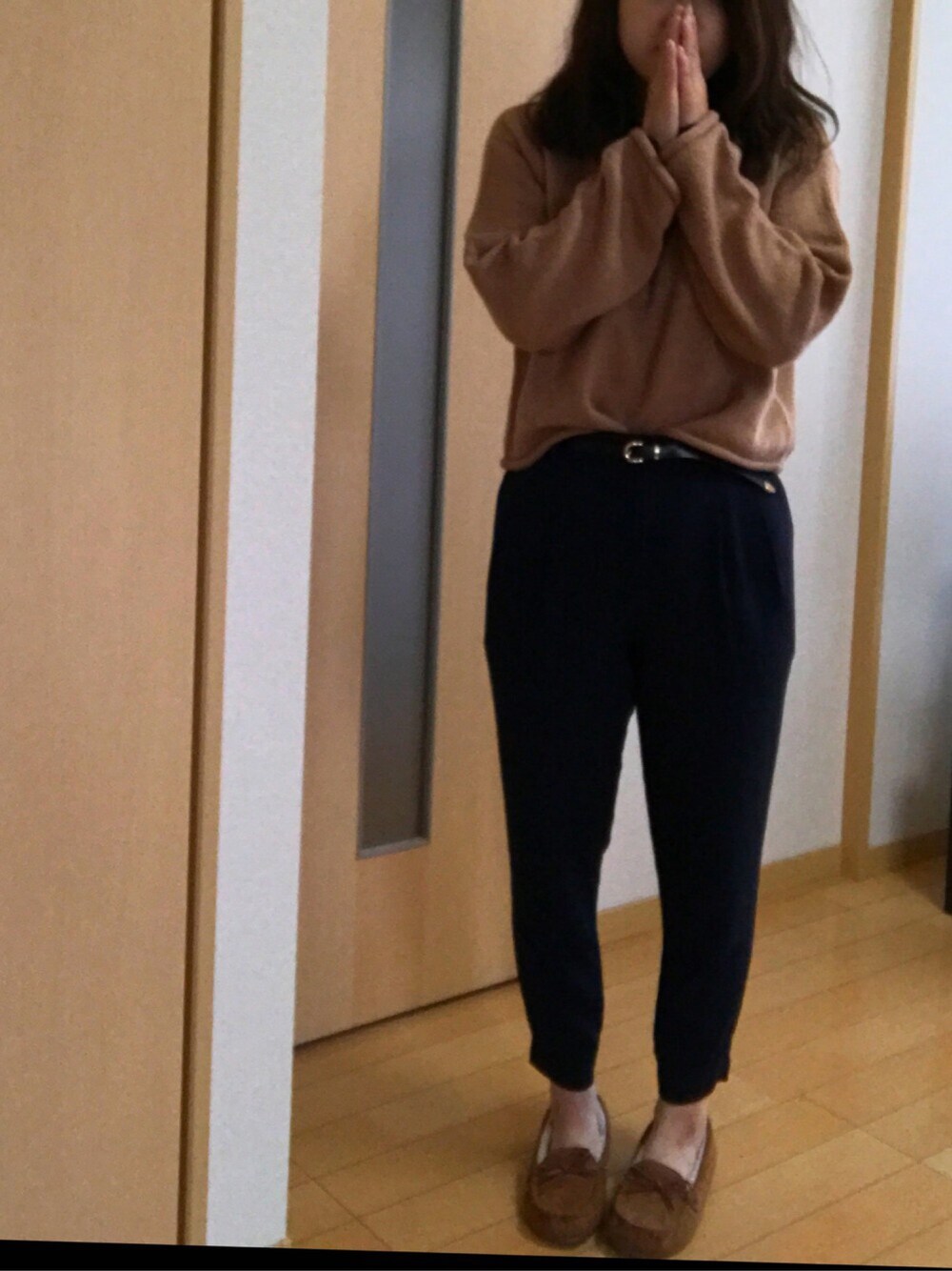 「着回し、ジョガーパンツ、UNIQLO、プチプラ、ぽっちゃり」｜「Heatherのアイテム（ニット/セーター、ピンク系）」を使った、ぽんまなさん（レディース・162cm）の秋コーディネートの1枚目の写真