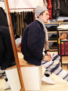 「アイテム（ダウンジャケット/コート、ブルー系）」を使った、INDIGOさん（メンズ・183cm）の冬コーディネート