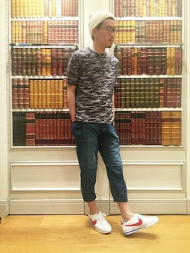 「カモ柄」｜「アイテム（ニットキャップ/ビーニー）」を使った、YOSHIさん（メンズ・173cm）の夏コーディネート