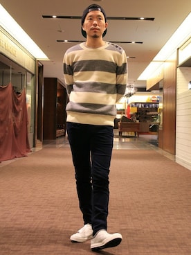 「ボーダーニット」｜「アイテム（キャップ）」を使った、YOSHIさん（メンズ・173cm）の秋コーディネート