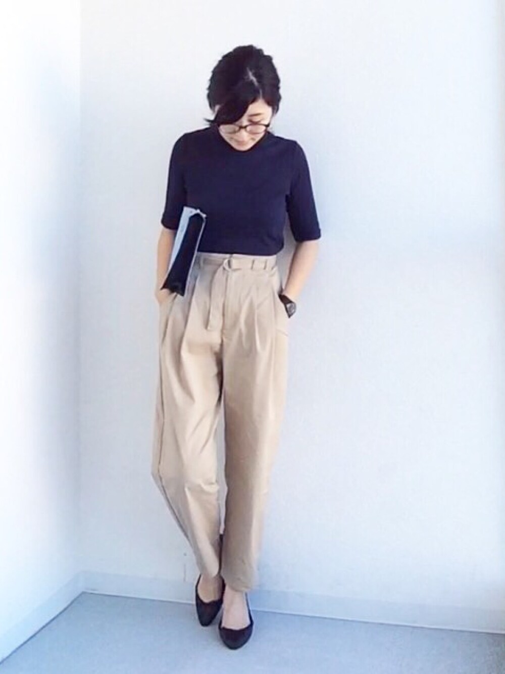 「オトナカジュアル、秋コーデ、ootd、シンプル、プチプラ、ママコーデ、GU、ハイウエスト、リブT」｜「UNIQLOのアイテム（Tシャツ/カットソー、ブルー系）」を使った、koumeさん（レディース・155cm）の夏コーディネートの1枚目の写真