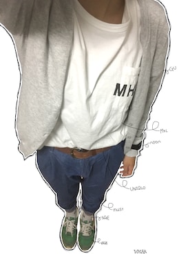 「MHL.（エムエイチエル）のPRINTED JERSEY（Tシャツ/カットソー、ホワイト系）」を使った、サンカクさん（レディース・163cm）の夏コーディネート