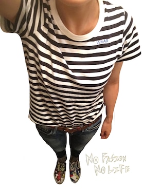 「no brand（ノーブランド）のアイテム（Tシャツ/カットソー、ブルー系）」を使った、サンカクさん（レディース・163cm）の夏コーディネート